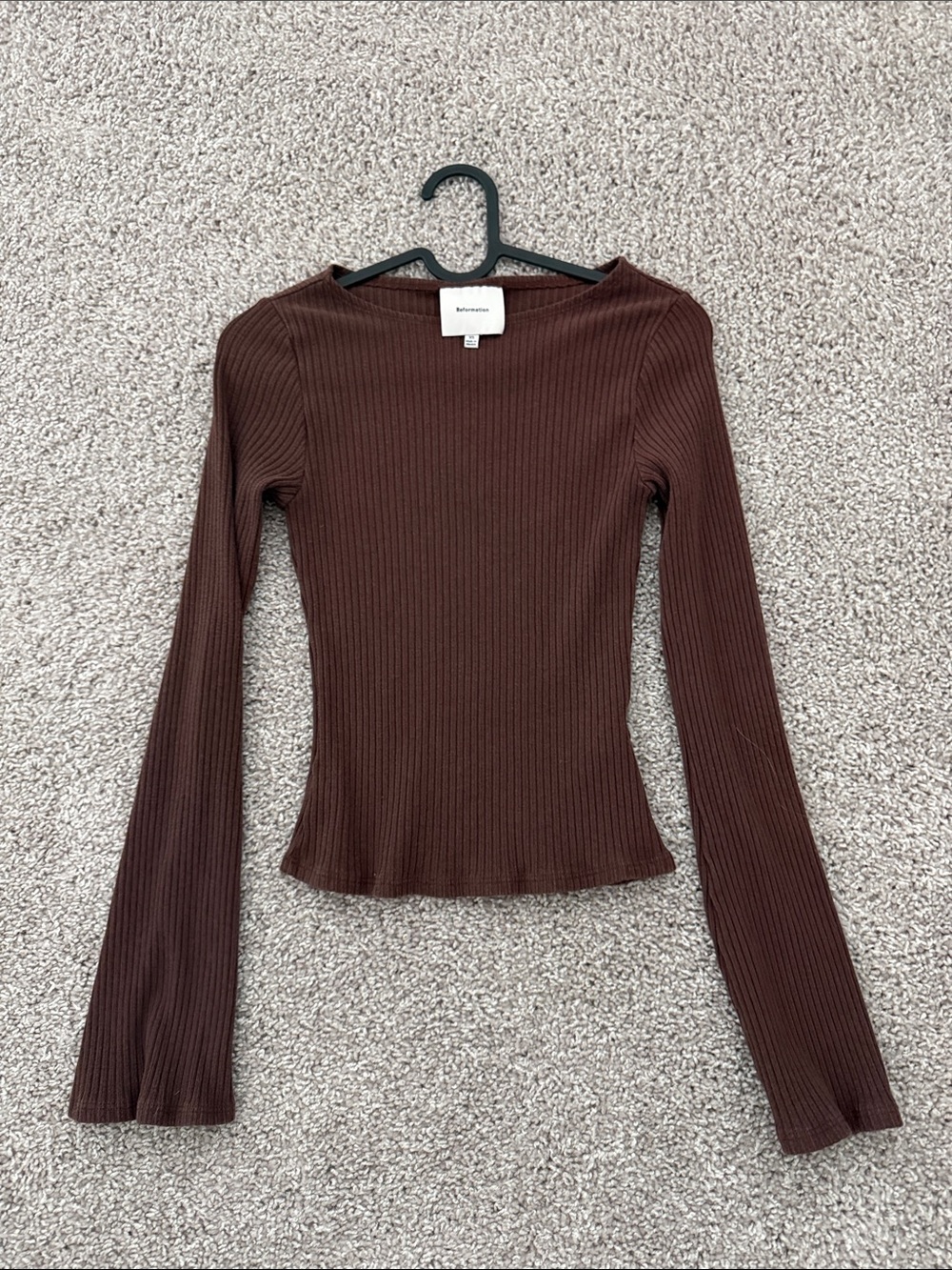 Reformation Chocolate Brown Ribbed Long Sleeve Top